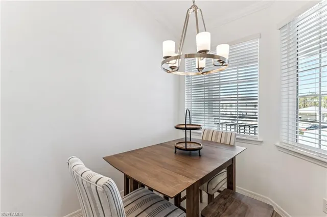 a view of a dining room with a table and chairs