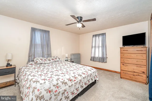 a bedroom with a bed and a television