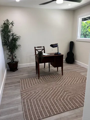 a living room with furniture and a potted plant