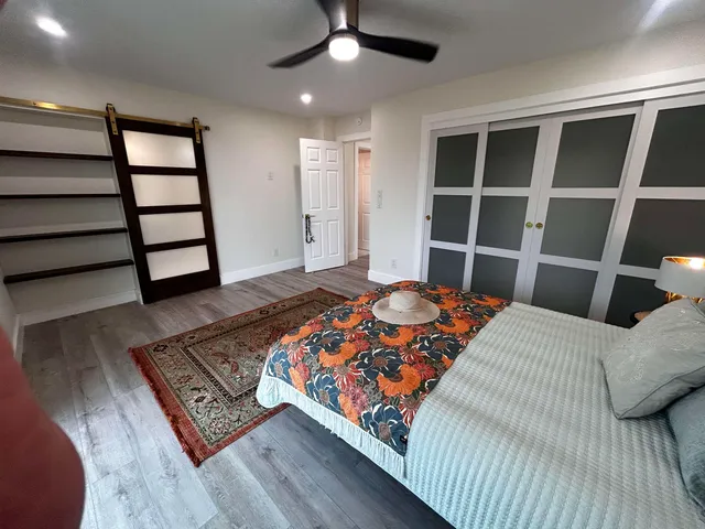 a bedroom with a bed and a walk in closet