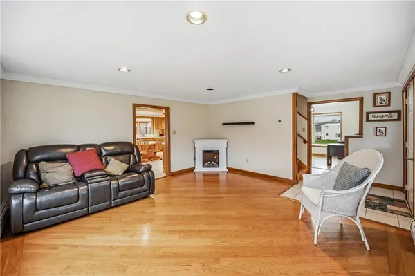 a living room with furniture and a table