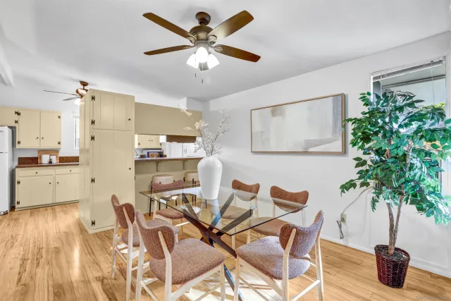 a view of a dining room with furniture and a potted plant