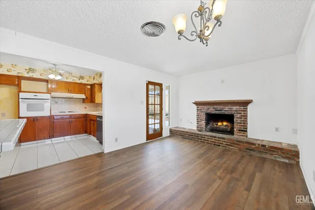 a living room with a fireplace