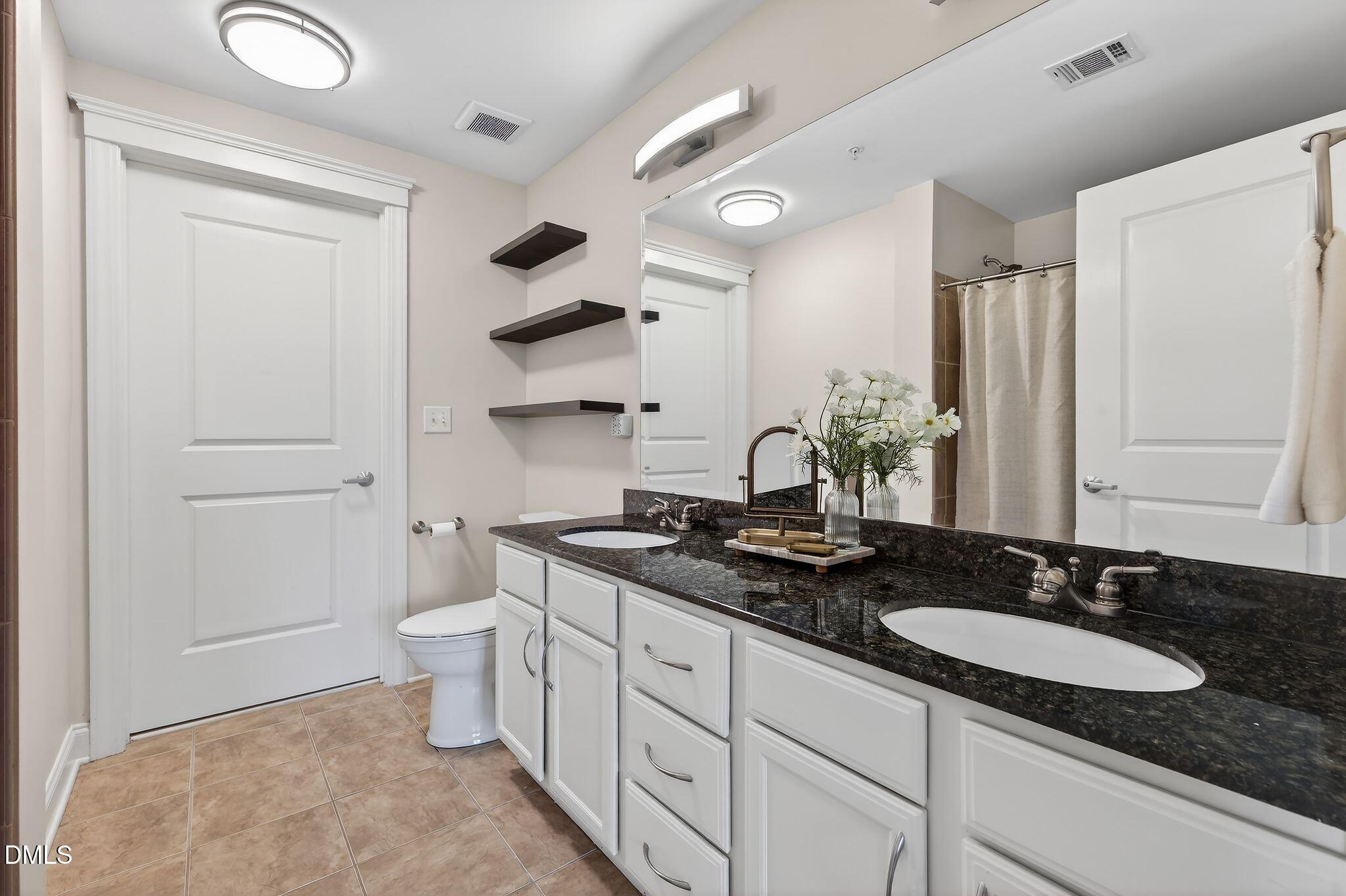 222 Glenwood Avenue, Unit 605 Raleigh, NC 27603 - Photo 25 of 60 a bathroom with a granite countertop sink a toilet and a mirror