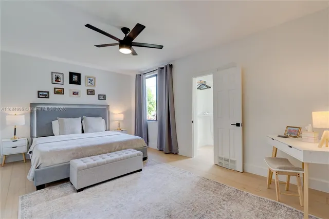 a bedroom with a bed and cabinets