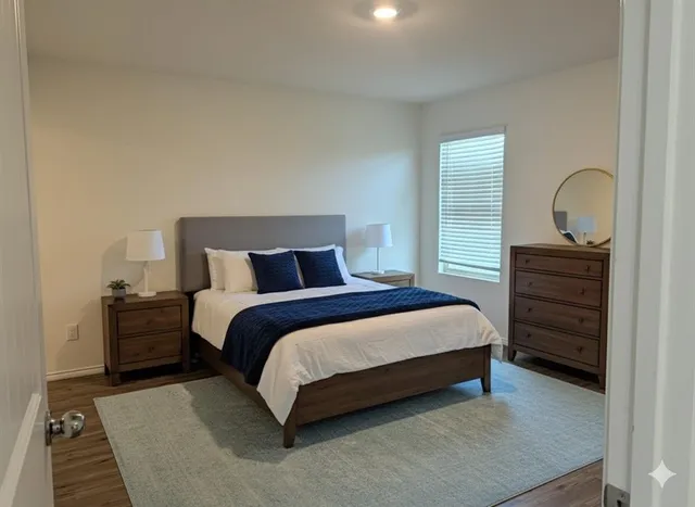 a bedroom with a bed and dresser