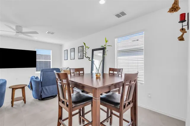a view of a dining room with furniture