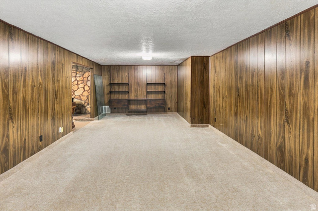 15295 North 5400th Street West Riverside, UT 84334 - Photo 30 of 54 Wood-panel walls, carpeted flooring, built-in shelving, and recessed lighting