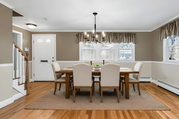 a view of a dining room with furniture window and wooden floor