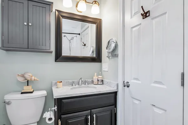 a bathroom with a toilet a sink and mirror