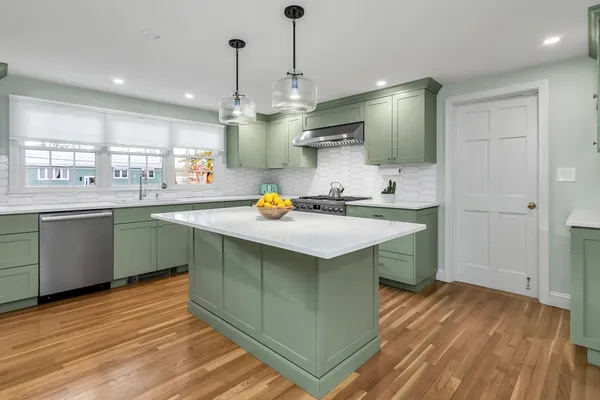 a kitchen with a sink a counter space appliances and cabinets