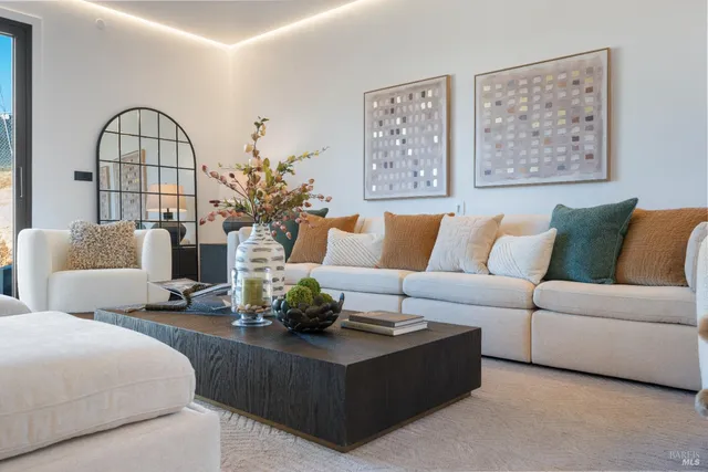 a living room with furniture or couch and a potted plant