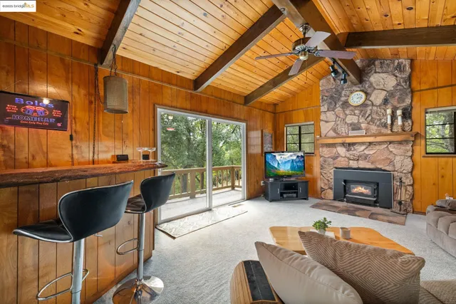 a living room with furniture a fireplace and a floor to ceiling window