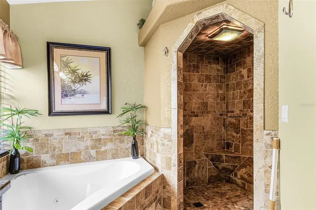 a view of a garden with a bench in the patio