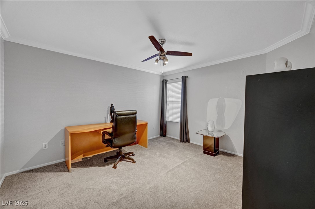8101 West Flamingo Road, Unit 1163 Las Vegas, NV 89147 - Photo 19 of 45 Carpeted office with crown molding and ceiling fan