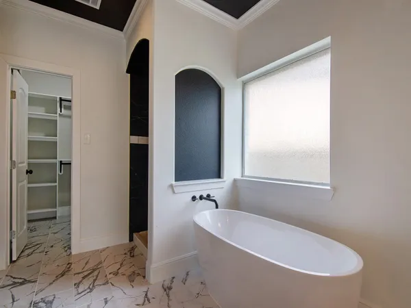 a bathroom with a bathtub and a shower