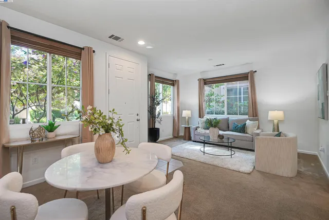a living room with furniture potted plant and a window