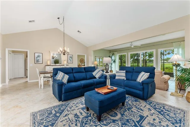 a living room with furniture potted plant and a large window