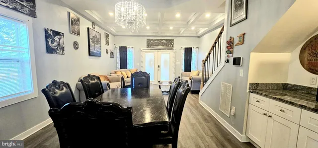 a view of a dining room with furniture