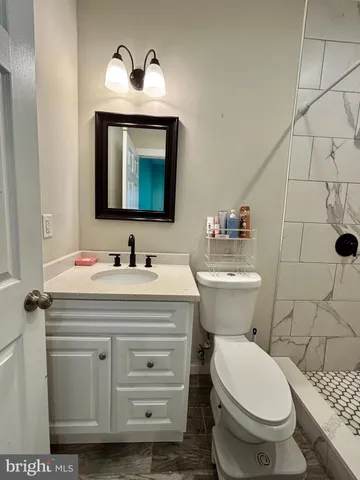 a bathroom with a sink toilet and mirror