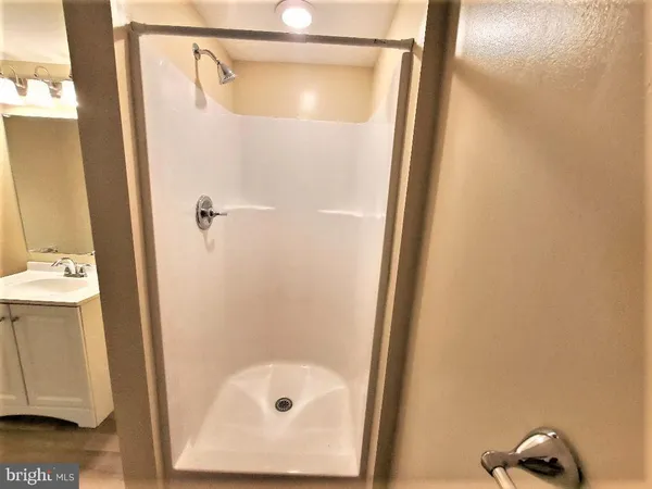 a bathroom with a shower and a sink