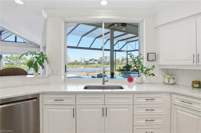 a kitchen with a sink and potted plant