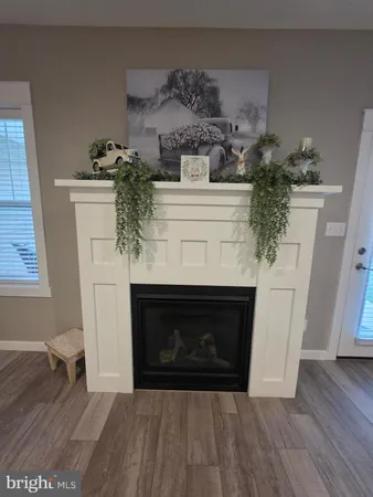 a living room with a fireplace furniture and a wooden floor