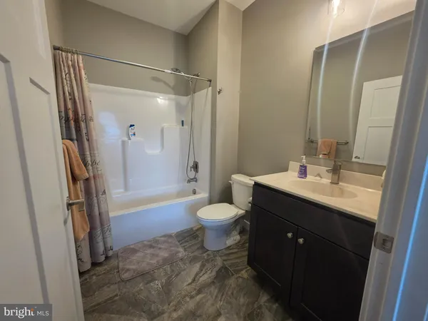 a bathroom with a double vanity sink toilet mirror and shower
