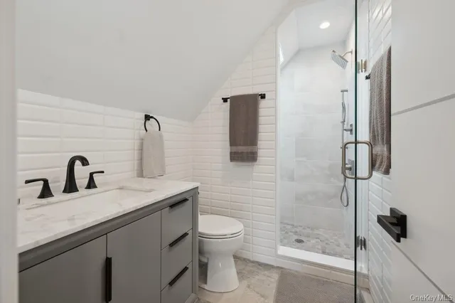 a bathroom with a granite countertop sink a toilet and shower