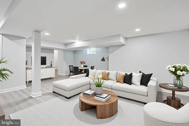 a living room with furniture and a potted plant