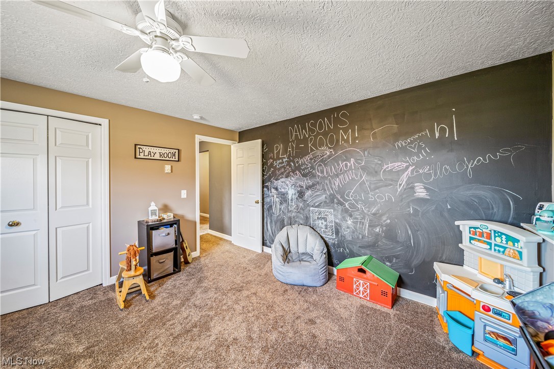 7290 Turner Road Pierpont, OH 44082 - Photo 27 of 36 Game room with a textured ceiling, ceiling fan, and carpet