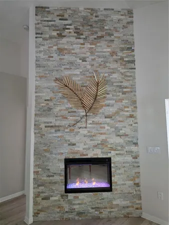 a room with a fireplace