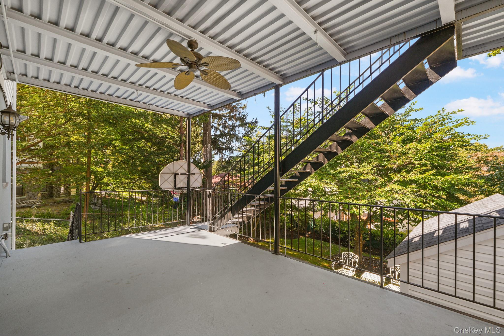 29 Chatfield Road Bronxville, NY 10708 - Photo 21 of 27 View of patio / terrace featuring stairs, ceiling fan, and a storage shed