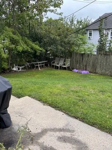 a backyard of a house with plants and large tree