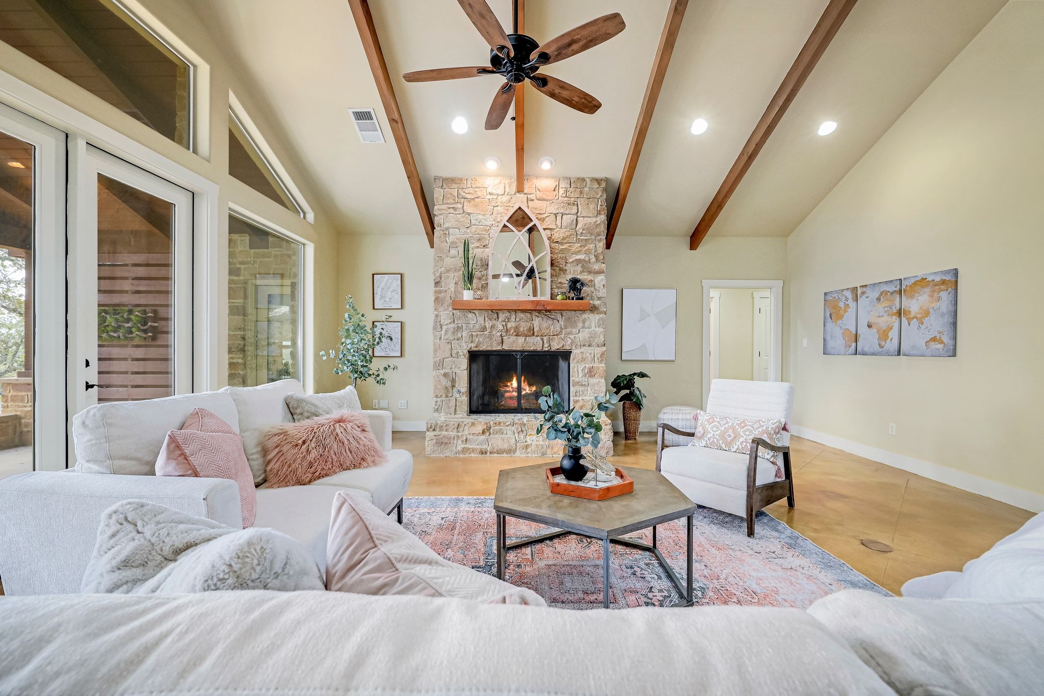 2551 Wolf Creek Ranch Road Burnet, TX 78611 - Photo 4 of 40 Living room with recessed lighting, a ceiling fan, a stone fireplace, and lofted ceiling
