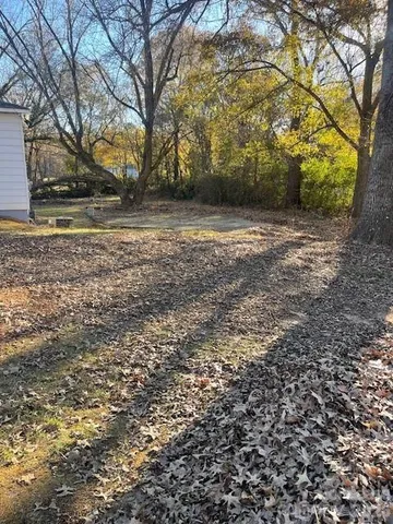 a view of a yard with plants and trees