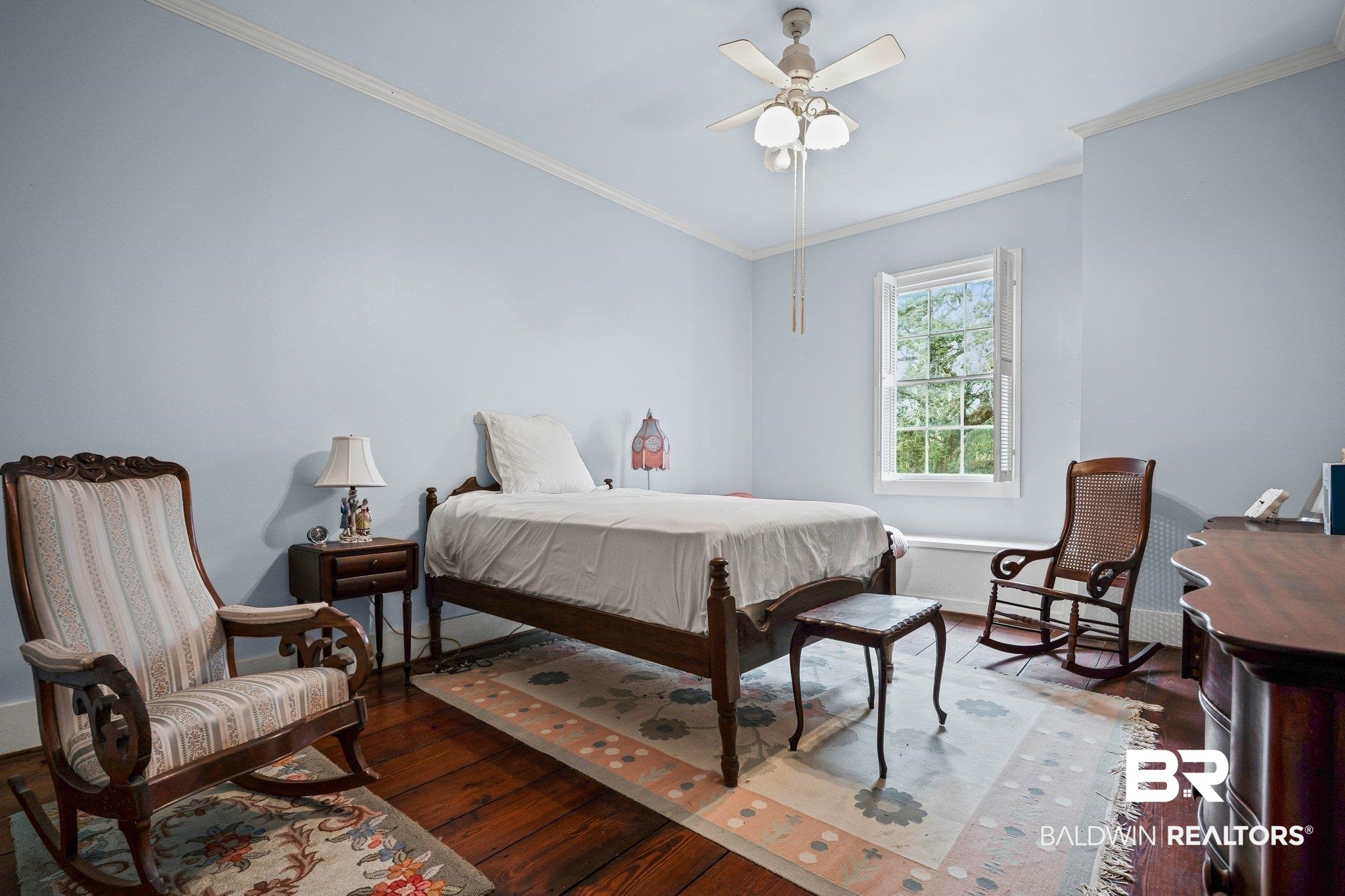23561 Main Street Fairhope, AL 36532 - Photo 28 of 45 Bedroom featuring crown molding, hardwood / wood-style floors, and a ceiling fan