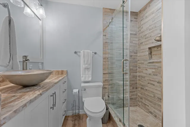 a bathroom with a granite countertop sink a toilet and a mirror