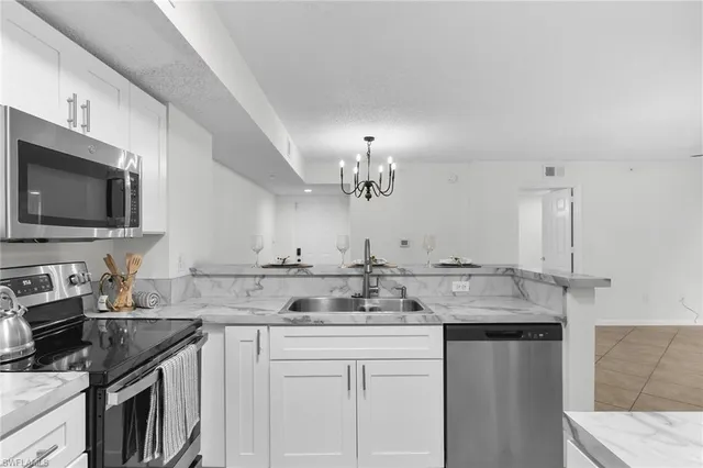 a kitchen with a sink stove and microwave