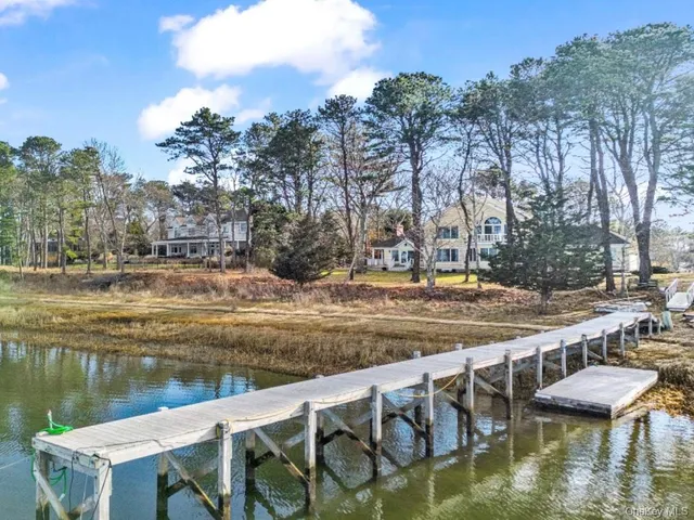 a view of river covered by trees and buildings