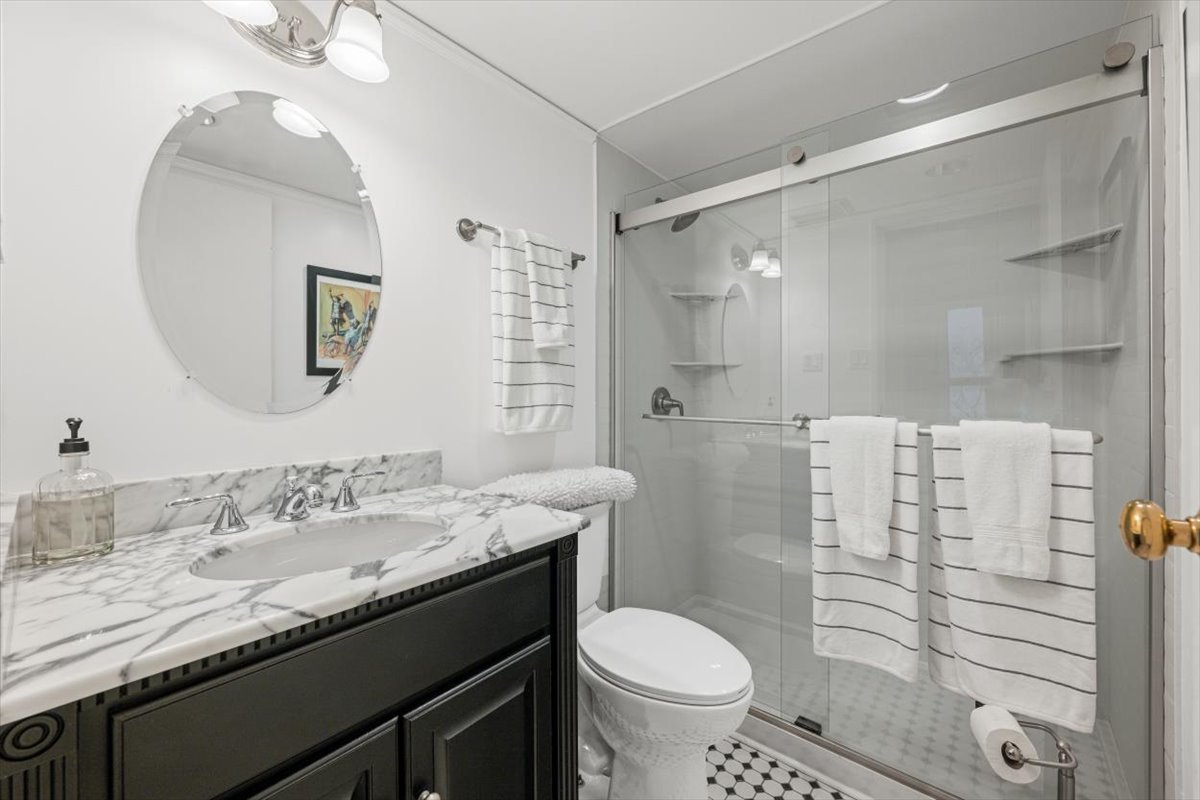 1625 Sheridan Road, Unit 312 Wilmette, IL 60091 - Photo 22 of 24 a bathroom with a granite countertop sink toilet and shower