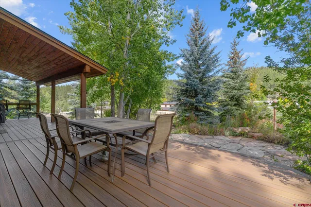 a view of a backyard with table and chairs and potted plants