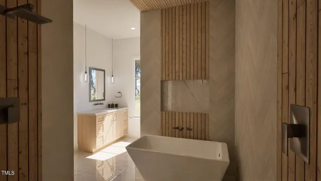 a bathroom with a tub shower and a sink