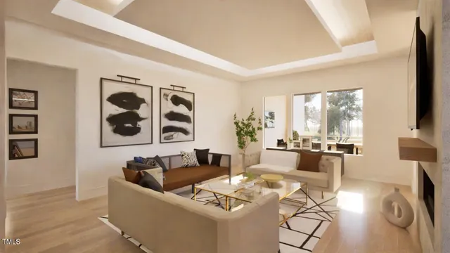 a living room with furniture and floor to ceiling window