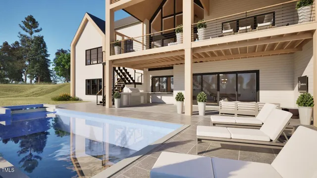 a terrace with outdoor seating and city view