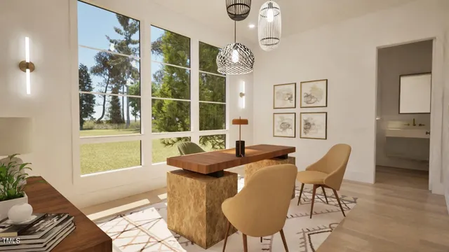 a dining room with furniture and window