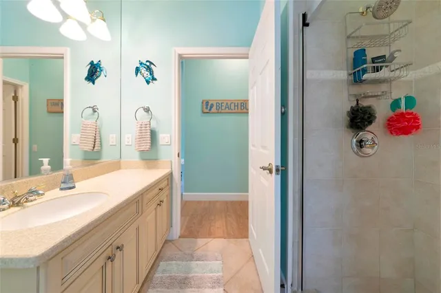 a bathroom with a sink vanity and a mirror