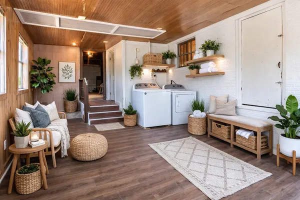 a living room with furniture and wooden floor