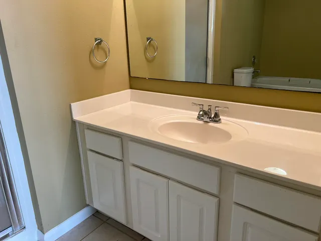 a bathroom with a sink and a mirror