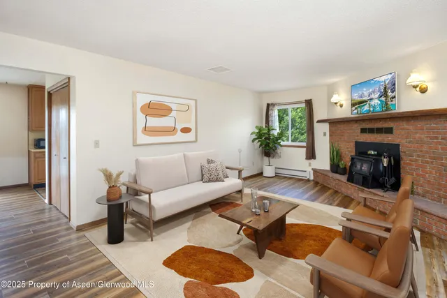 a living room with furniture and a fireplace